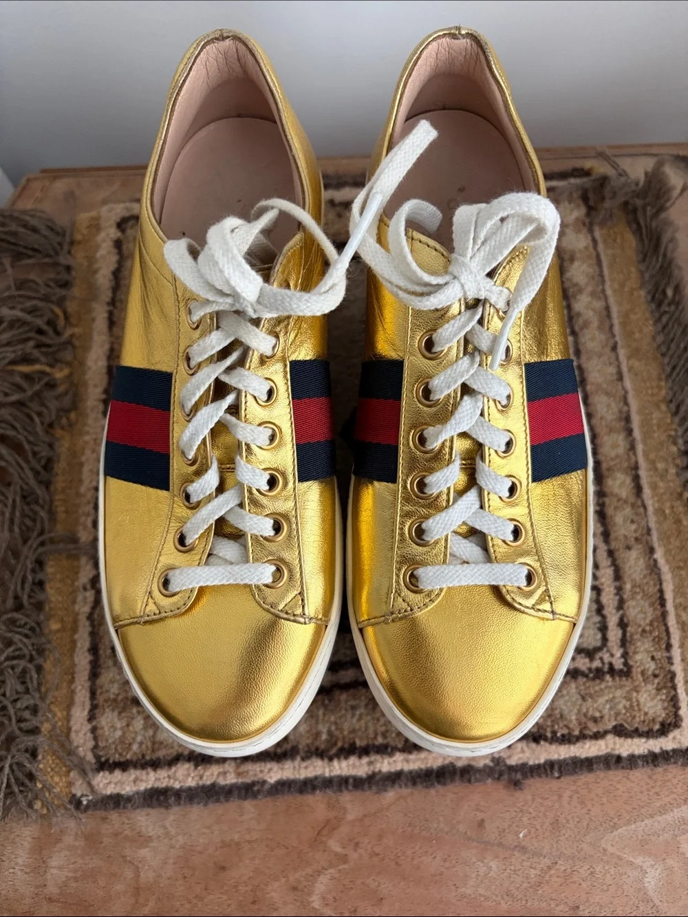 Gucci- PEGGY Gold Rainbow Platform Sneakers - Women's  Lace-Up sz 36 - DAMAGED